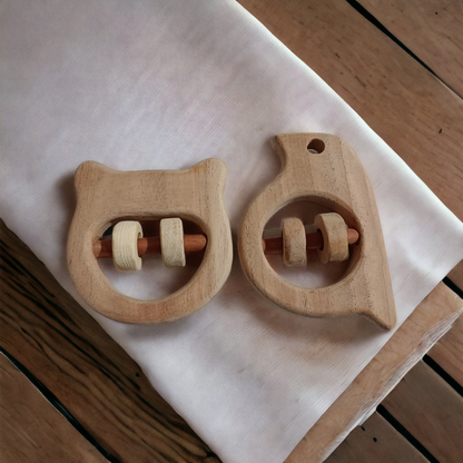 Soothing Sound Making Rattles - Sparrow & Hippo Head Shapes - Made From Pure Neem Wood - Tinycubs - 