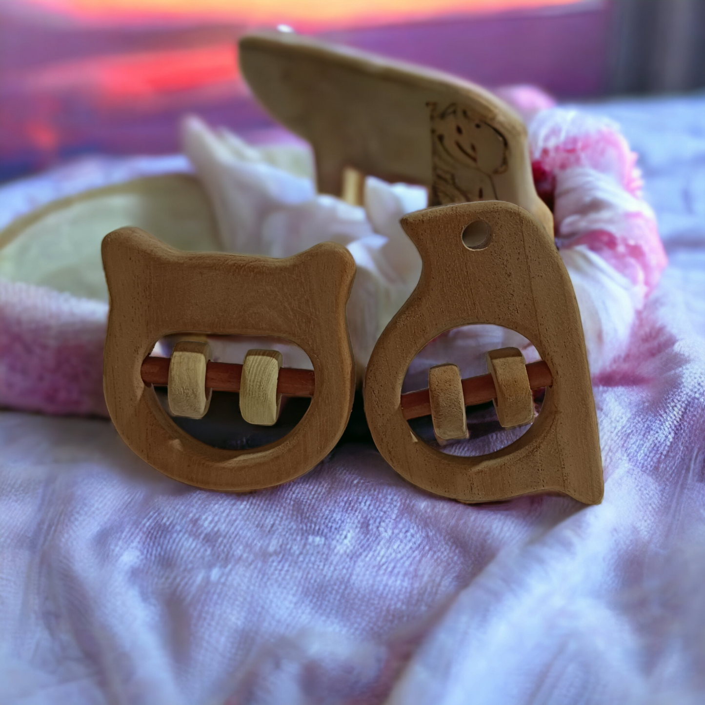 Soothing Sound Making Rattles - Sparrow & Hippo Head Shapes - Made From Pure Neem Wood - Tinycubs - 