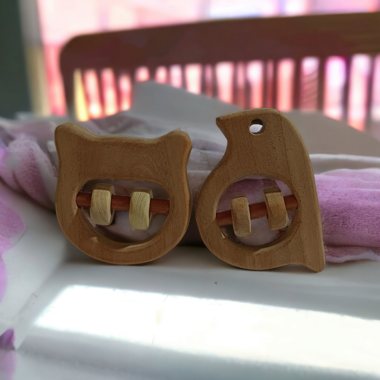 Soothing Sound Making Rattles - Sparrow & Hippo Head Shapes - Made From Pure Neem Wood - Tinycubs - 