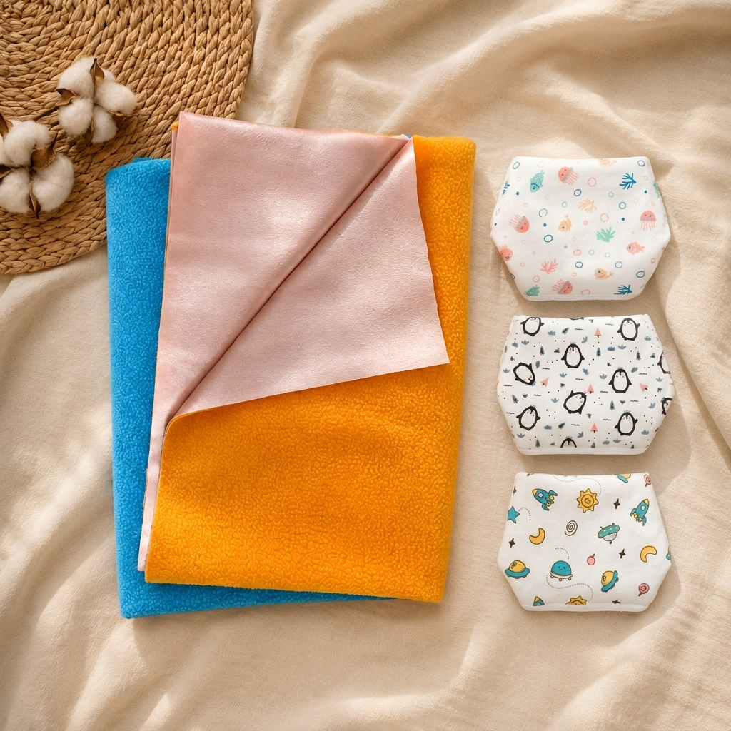 Blue and orange dry mats with three folded printed baby nappies