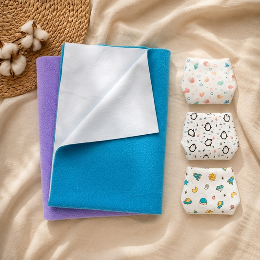 Dry Mat and Nappies Combo Pack of 5 - Blue & Purple