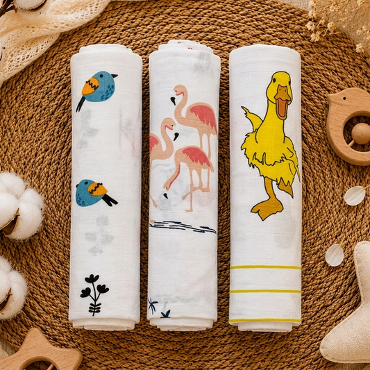 Duck+Flamingo+Bird Baby Swaddle Wrap | Pack Of 3 | 90 X 90 cm