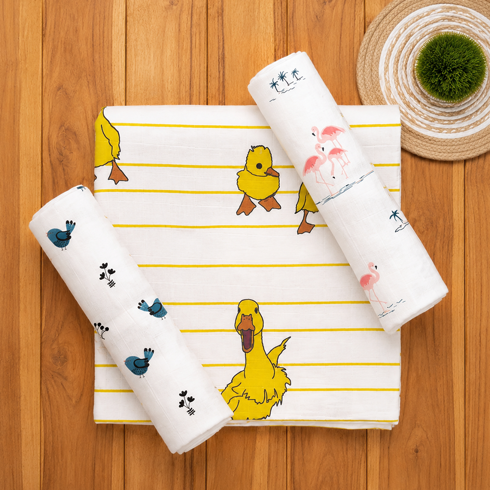 Duck+Flamingo+Bird Baby Swaddle Wrap | Pack Of 3 | 90 X 90 cm