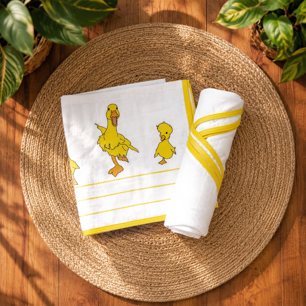 Tiny Lane 100% Organic Bamboo Cotton Muslin Baby Swaddle Wrappers Duck & Classic White Print Pack of 2 - Multicolor