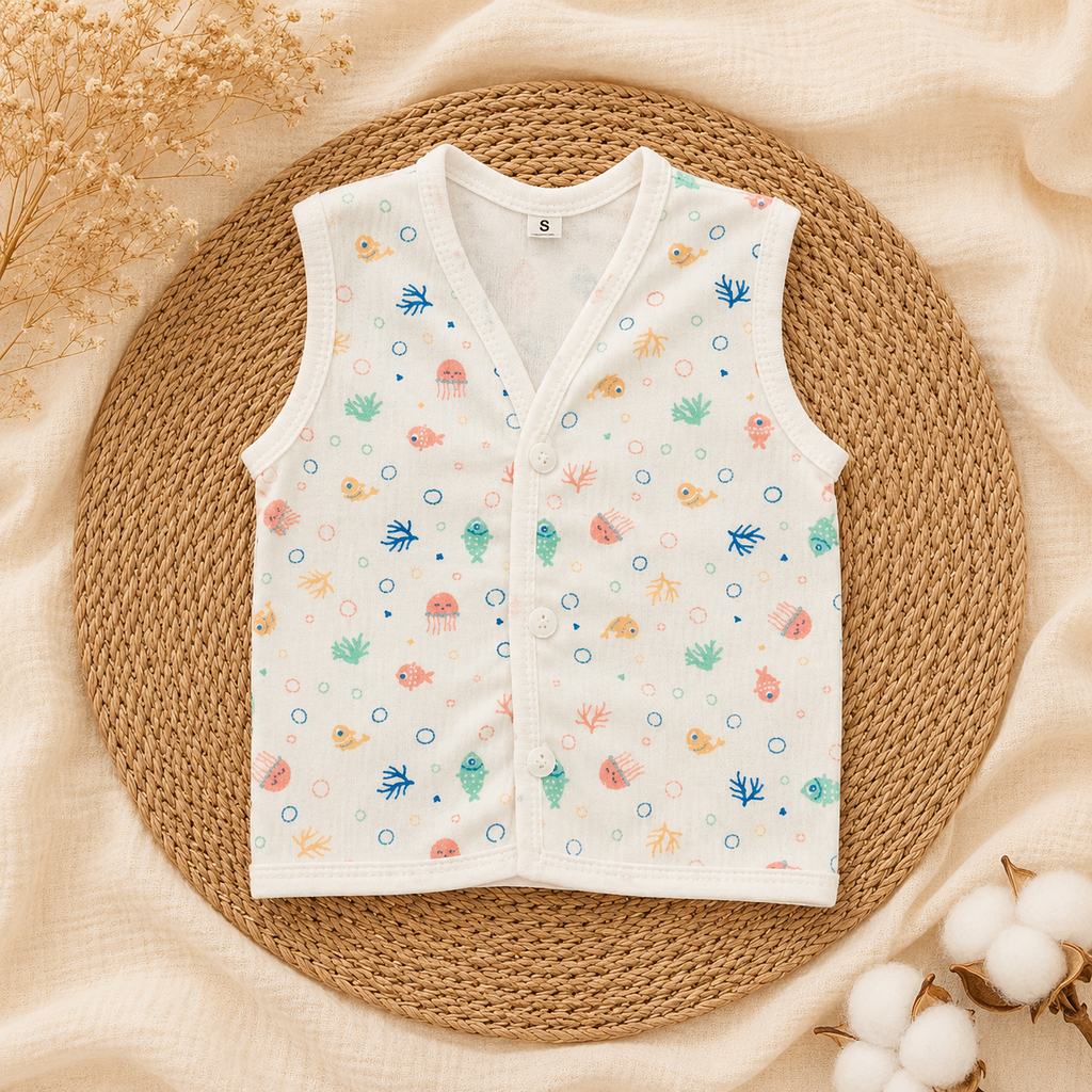 White sleeveless baby vest with small pastel animal motifs