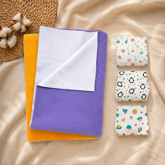 Dry Mat and Nappies Combo Pack of 5 - Purple & Orange
