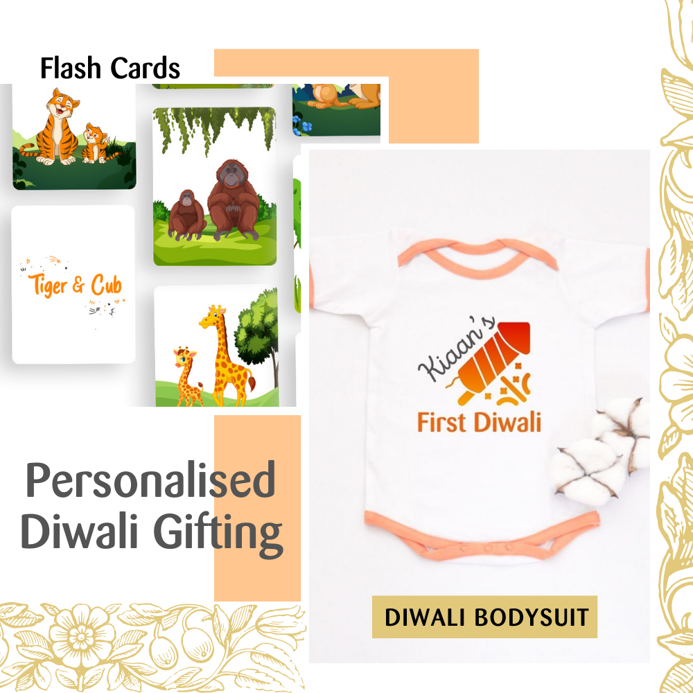 Wild Animals Flash Cards & Diwali Bodysuit Gift Set - Tinycubs - 