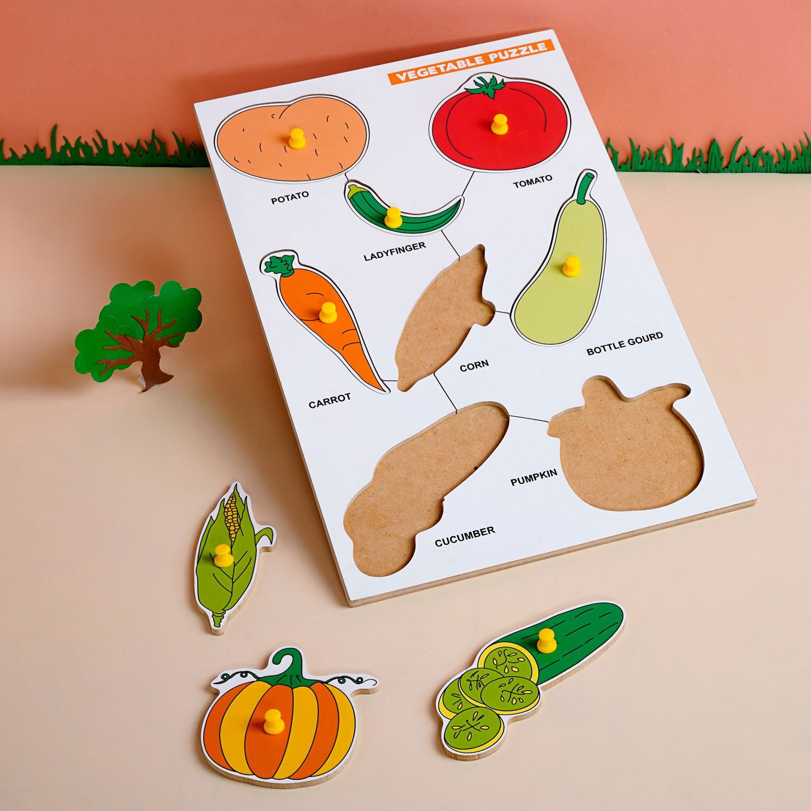 Wooden Picture Educational Board - Vegetable Puzzle + Fruits Puzzle for Kids Combo of 2 - Tinycubs - 