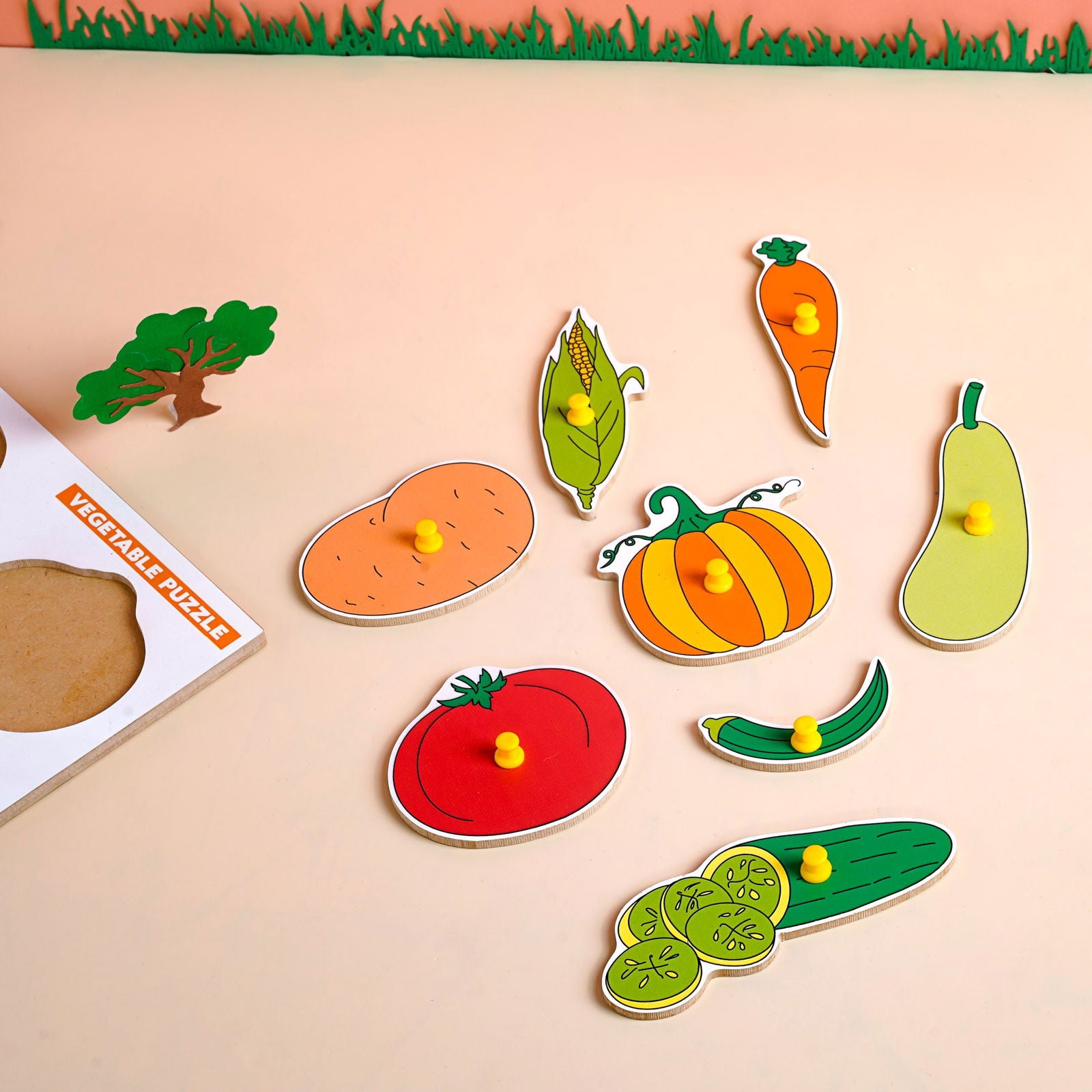 Wooden Picture Educational Board - Vegetable Puzzle + Fruits Puzzle for Kids Combo of 2 - Tinycubs - 